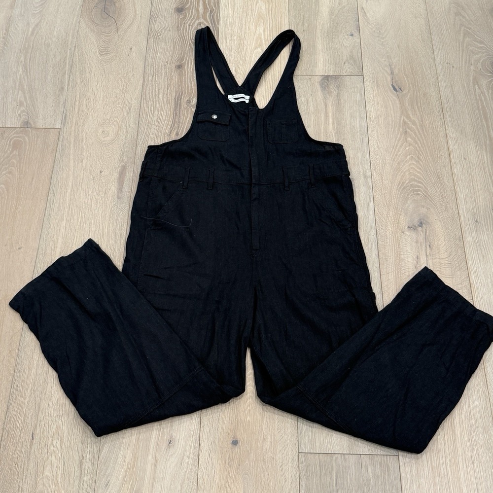 Urban Outfitters Black Linen Utility Overalls Wide Leg Jumpsuit Relaxed Size LG